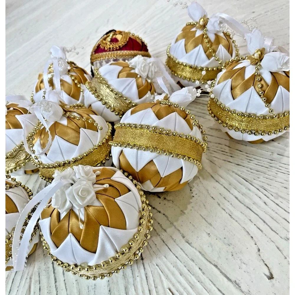 Vtg Handmade Folded Star Quilted Fabric Christmas Ornaments Gold White Lot of 10